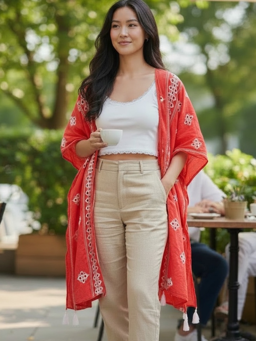 Coral Embroidered White Kimono Cardigan Shaw Women’s Size L/XL